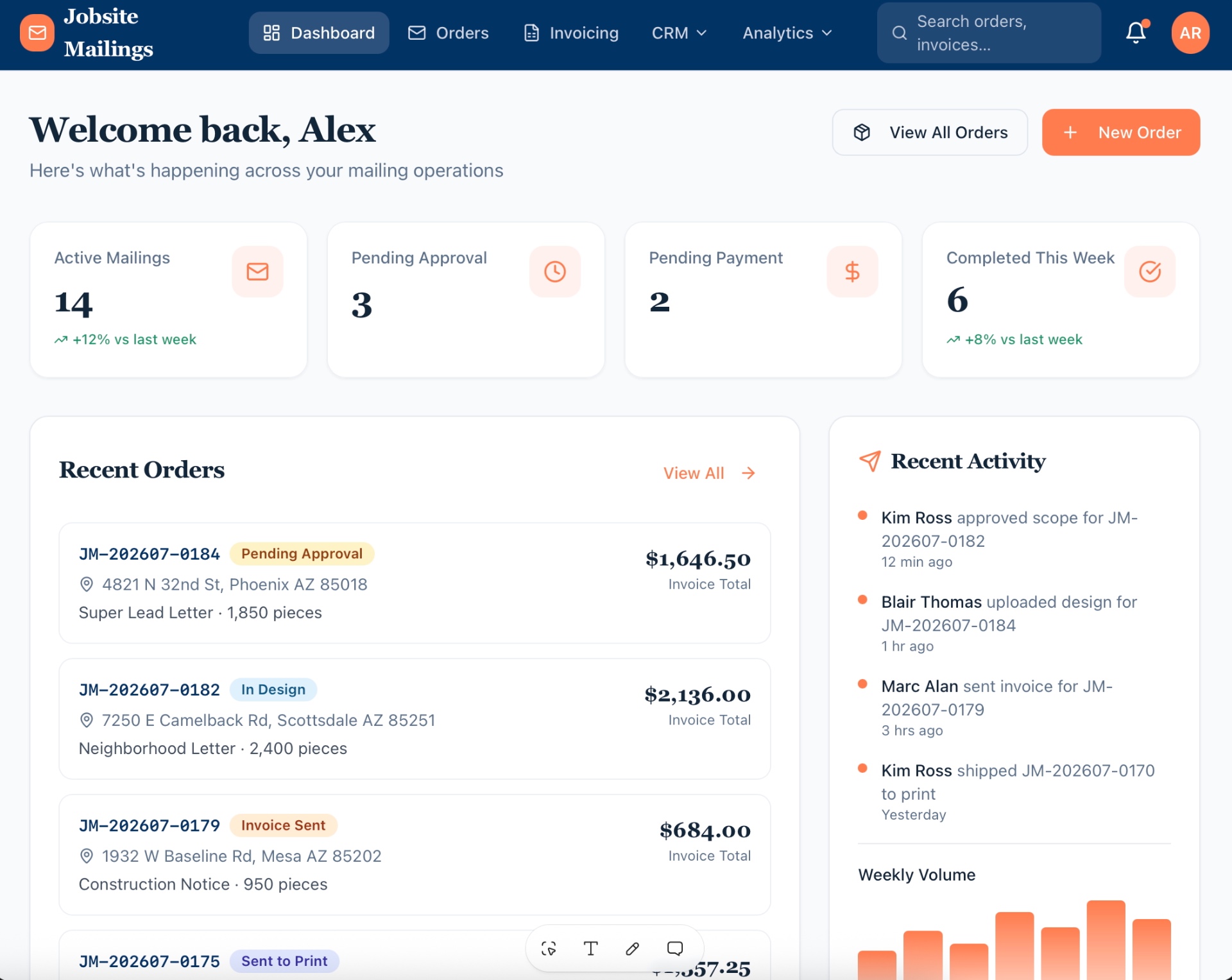 Client Portal dashboard showing active mailings, pending approvals, recent orders and activity