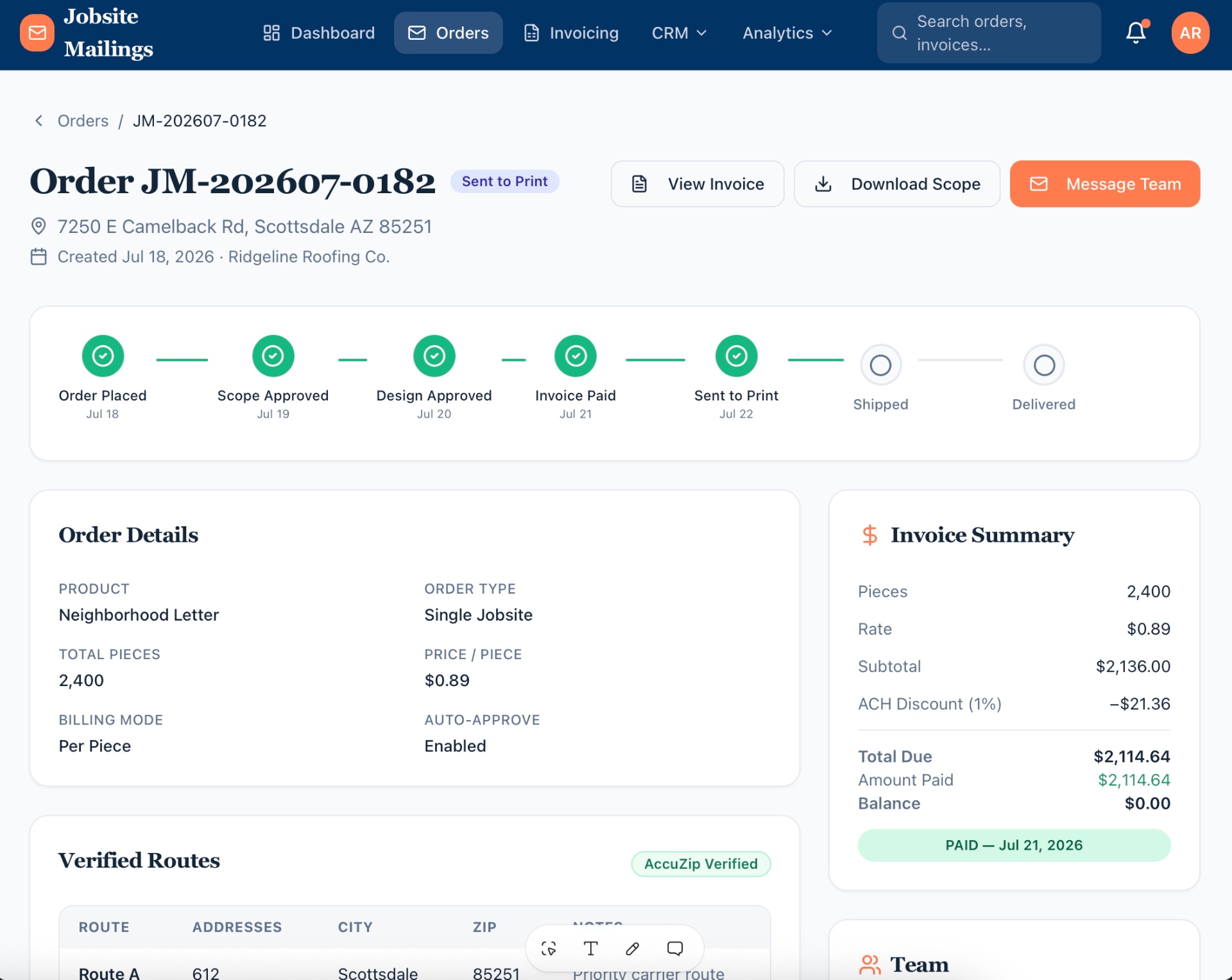 Client Portal dashboard with active mailings, pending approvals and recent orders
